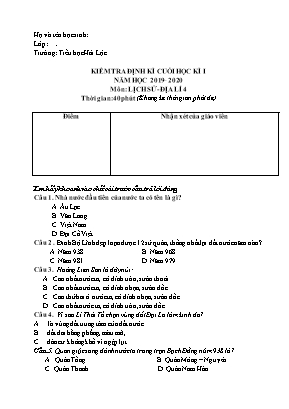 Bài kiểm tra Cuối học kỳ I môn Địa lý Lớp 4 - Năm học 2019-2020 - Trường Tiểu học Hải Lộc